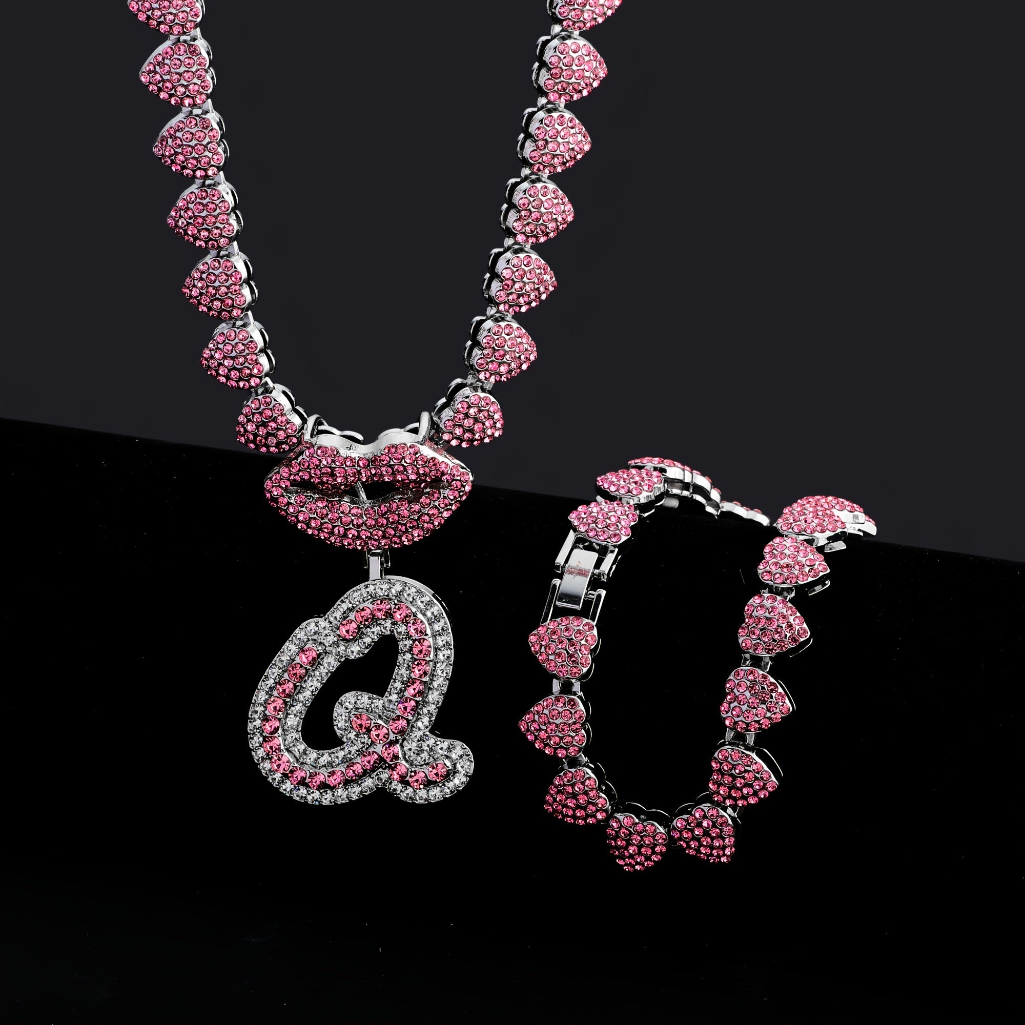 Hip Hop Y2K Style Pink Sexy Lips Pendant Necklace and Bracelet Set, A-Z Initials, Rhinestone Inlay, Zinc Alloy, Perfect for Daily Wear or Parties, Ideal Valentine's Day Gift for Men and Women, Hip Hop Jewelry